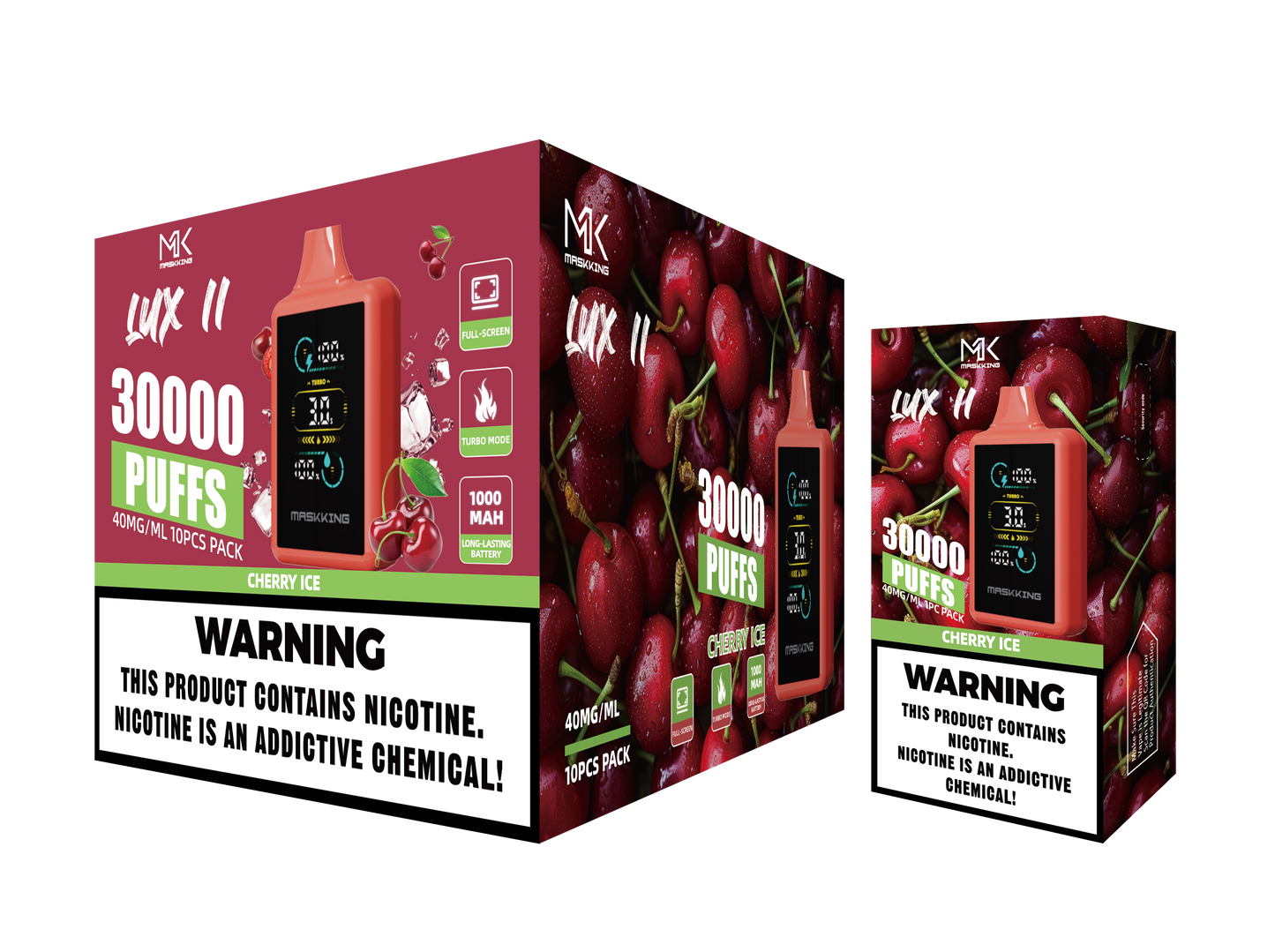 Maskking Lux II Cherry Ice cereza con hielo caja 10 vapeadores 30,000 puffs pantalla full screen – envío express CDMX
