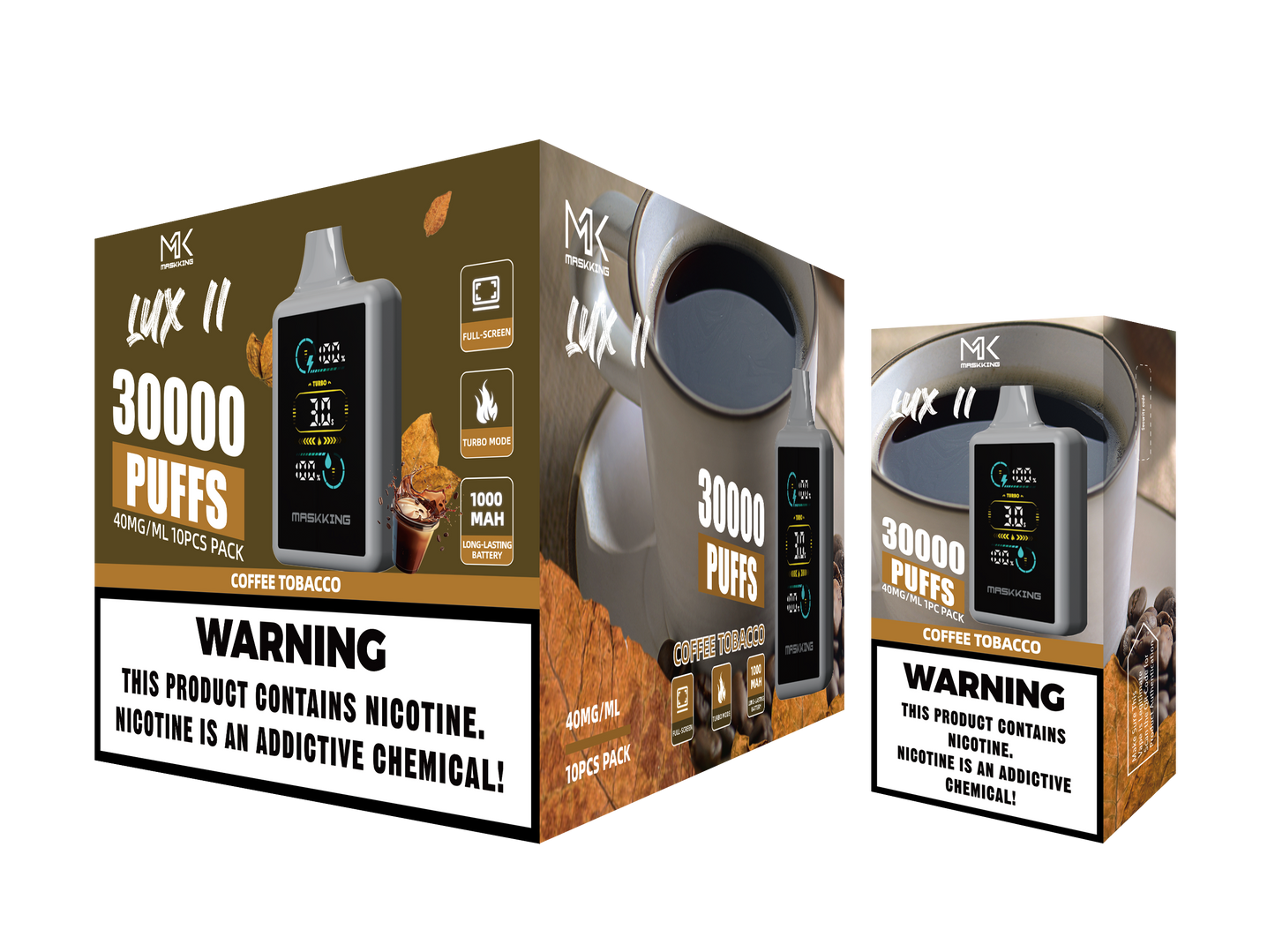 Maskking Lux II Coffee Tobacco café tabaco caja 10 vapeadores 30,000 puffs pantalla full screen – envío express CDMX
