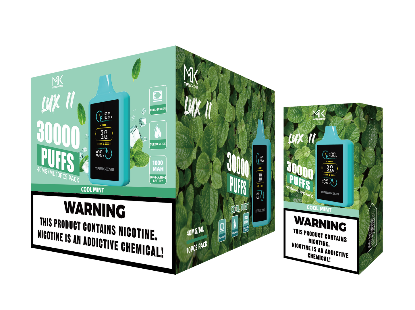Maskking Lux II Cool Mint menta fría caja 10 vapeadores 30,000 puffs pantalla full screen – entrega a domicilio CDMX