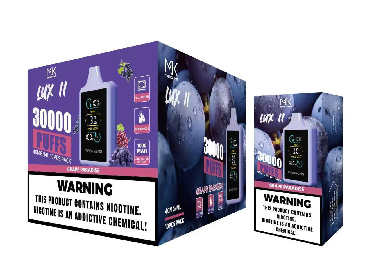 Maskking Lux II Grape Paradise uva paraíso caja 10 vapeadores 30,000 puffs pantalla full screen – envío express CDMX