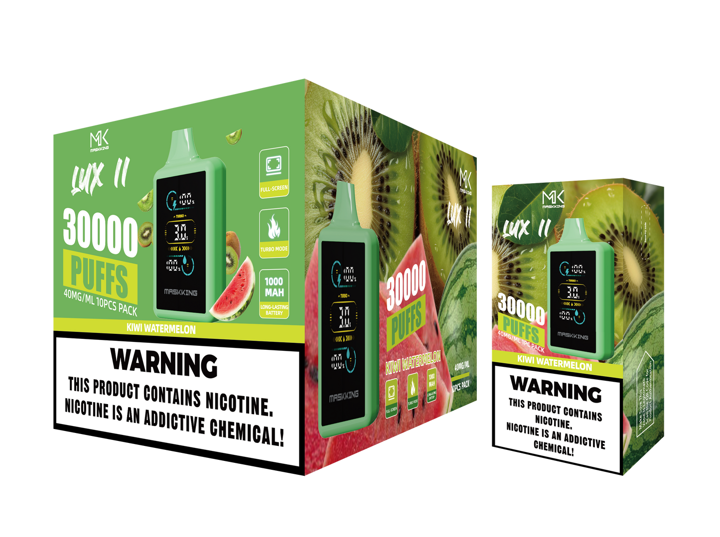 Maskking Lux II Kiwi Watermelon kiwi sandía caja 10 vapeadores 30,000 puffs pantalla full screen – TiendasVM México