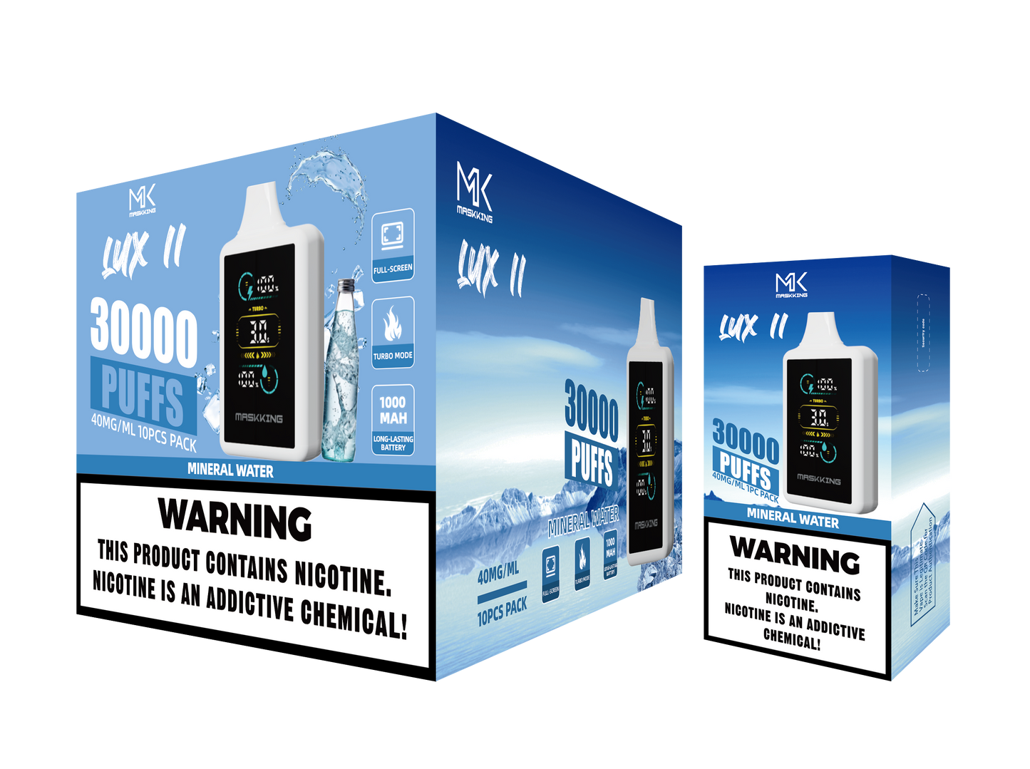 Maskking Lux II Mineral Water agua mineral caja 10 vapeadores 30,000 puffs pantalla full screen – caja 10 unidades México