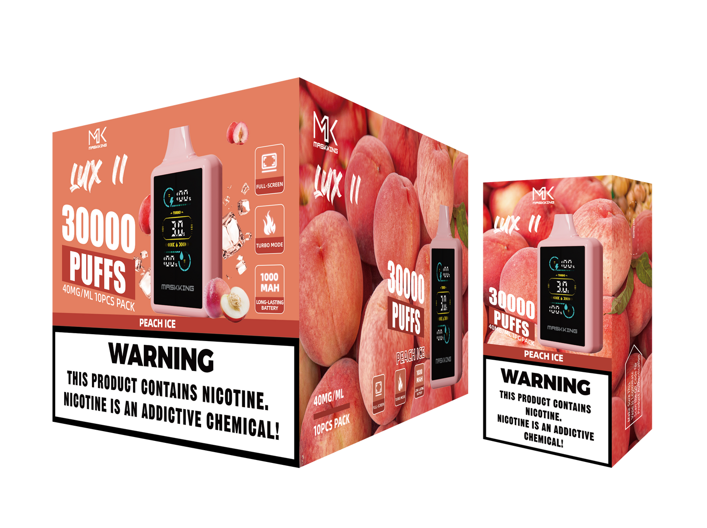 Maskking Lux II Peach Ice durazno con hielo caja 10 vapeadores 30,000 puffs pantalla full screen – caja 10 unidades México