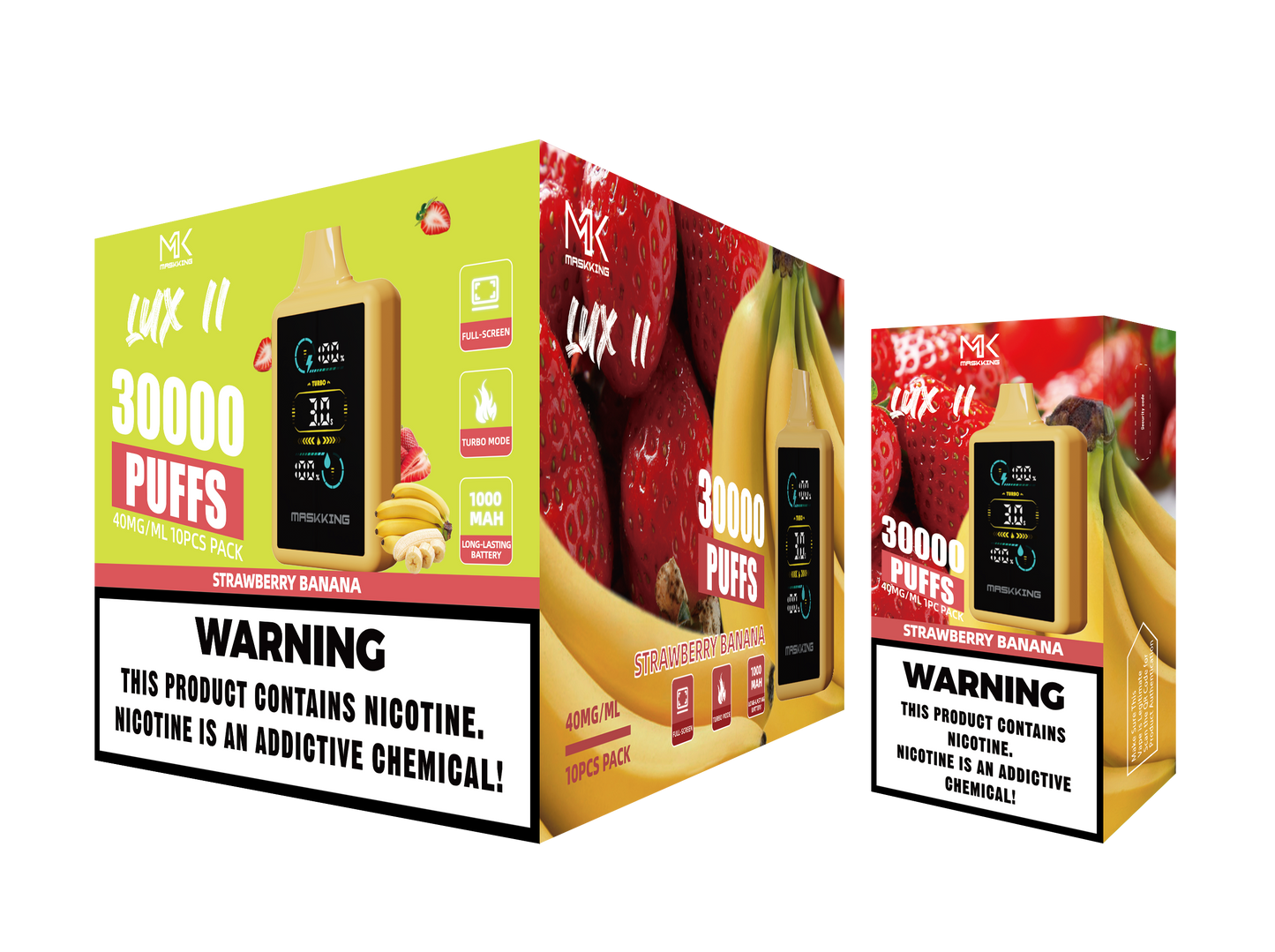 Maskking Lux II Strawberry Banana fresa plátano caja 10 vapeadores 30,000 puffs pantalla full screen – TiendasVM México