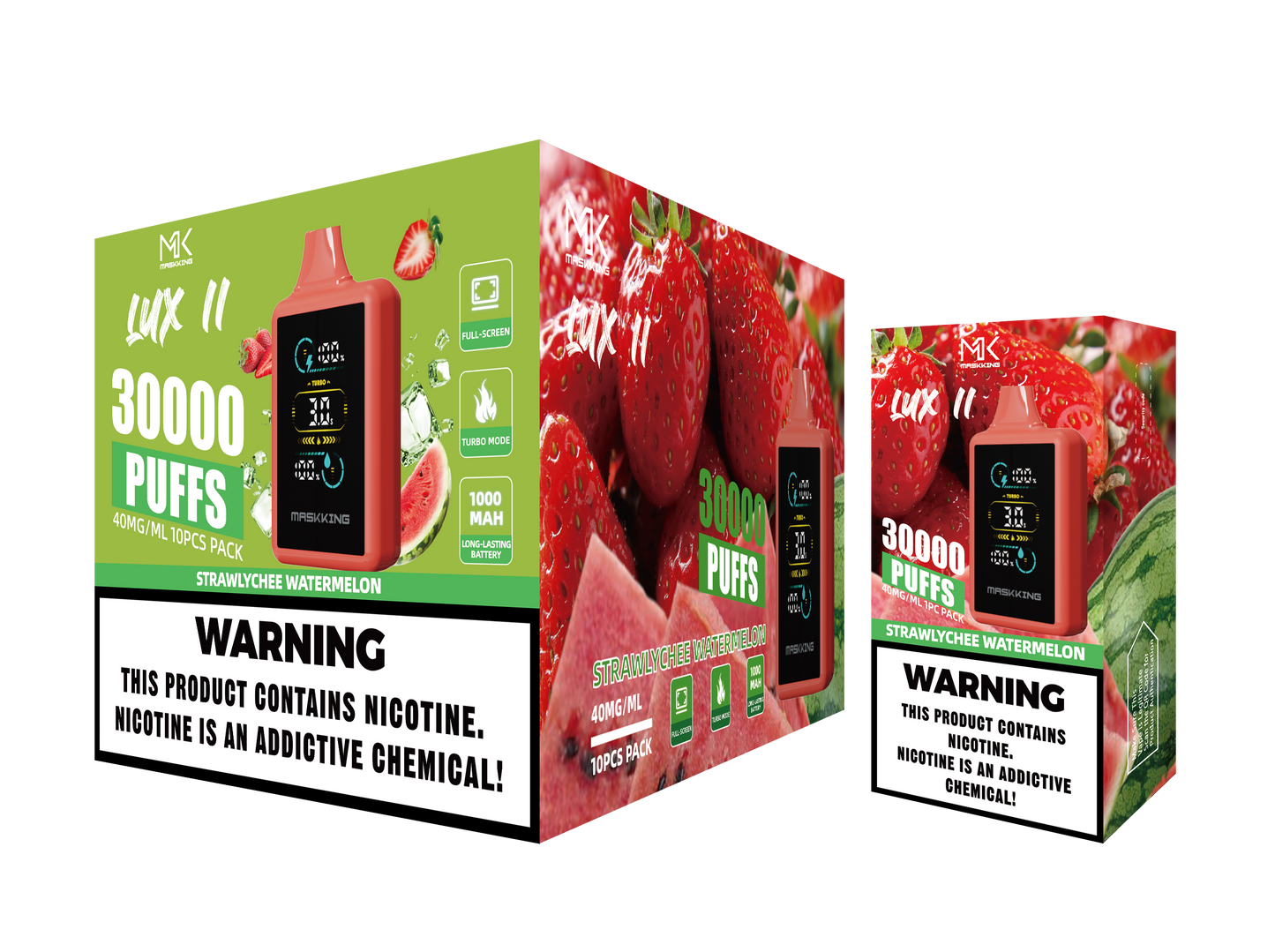 Maskking Lux II Strawberry Lychee Watermelon fresa lichi sandía caja 10 vapeadores 30,000 puffs pantalla full screen – TiendasVM México
