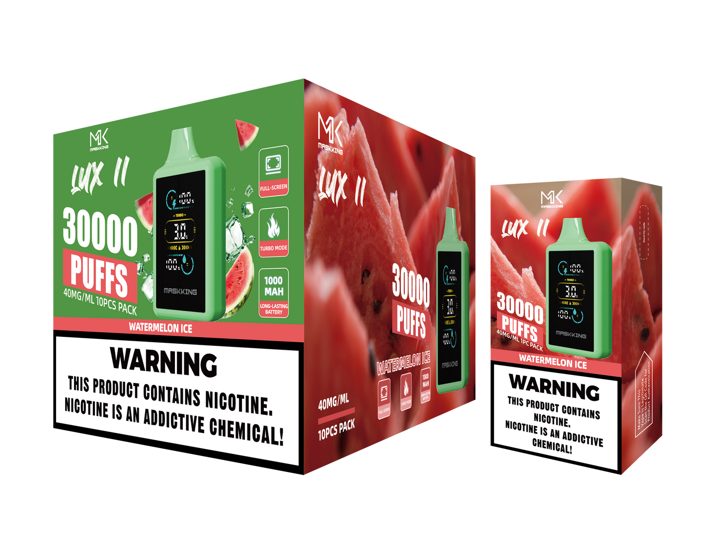 Maskking Lux II Watermelon Ice sandía con hielo caja 10 vapeadores 30,000 puffs pantalla full screen – entrega a domicilio CDMX