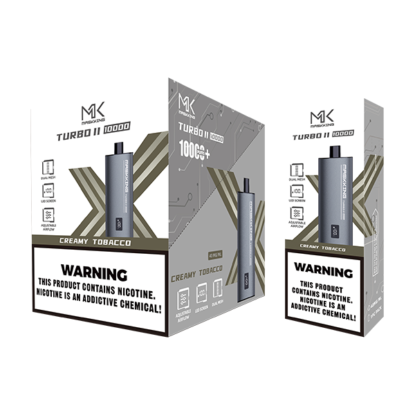 Maskking Turbo II Creamy Tobacco tabaco cremoso caja 10 vapes recargables 10,000 puffs pantalla airflow – caja 10 unidades México