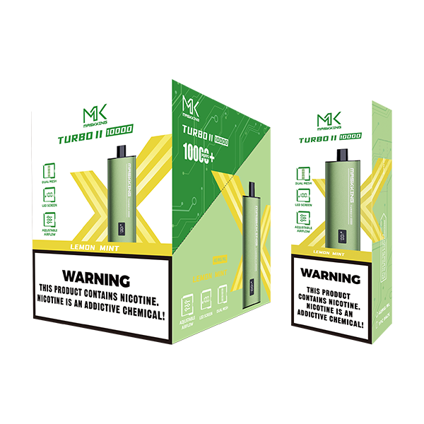 Maskking Turbo II Lemon Mint limón menta caja 10 vapes recargables 10,000 puffs pantalla airflow – caja 10 unidades México