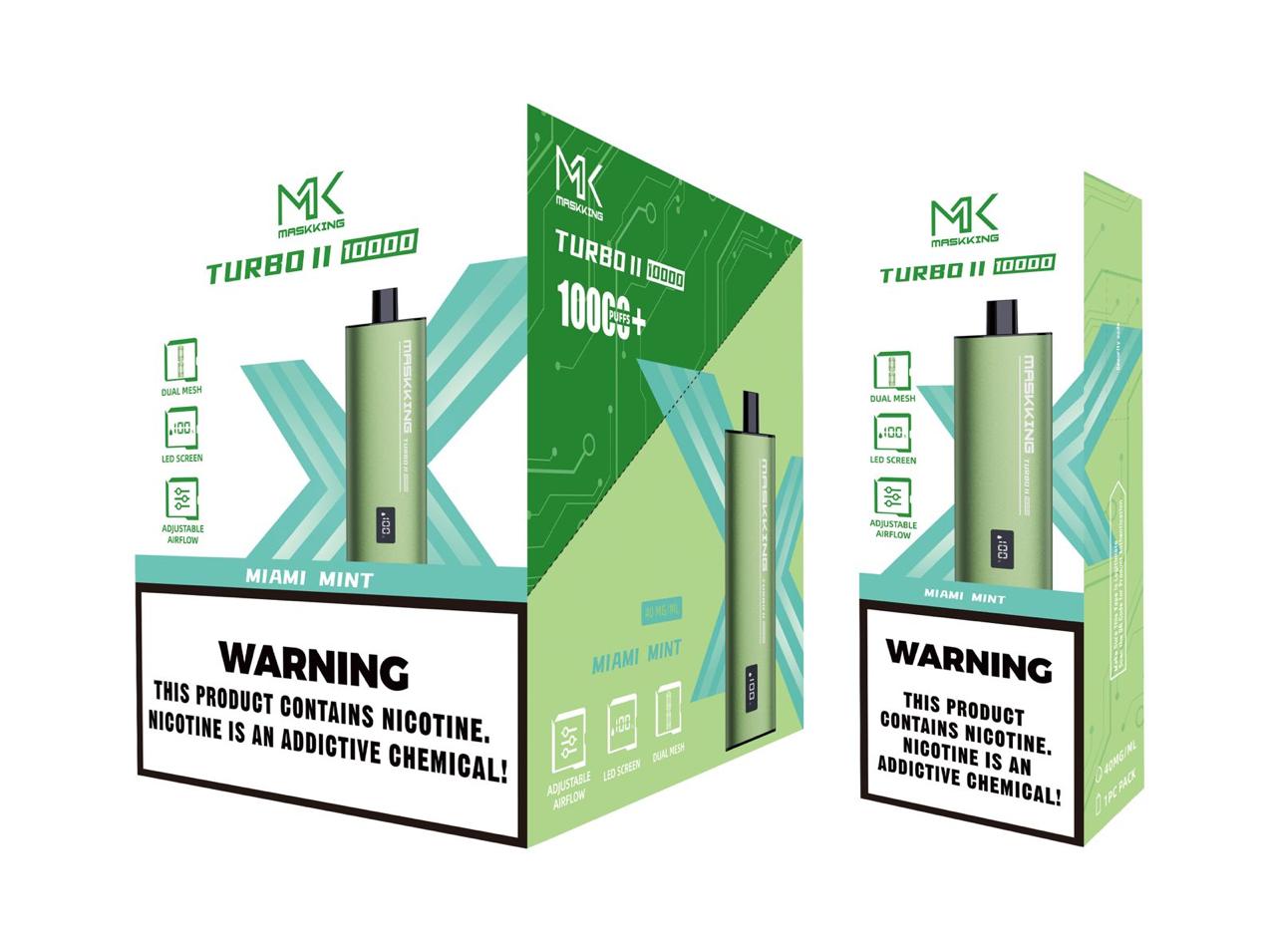 Maskking Turbo II Miami Mint menta miami caja 10 vapes recargables 10,000 puffs pantalla airflow – caja 10 unidades México