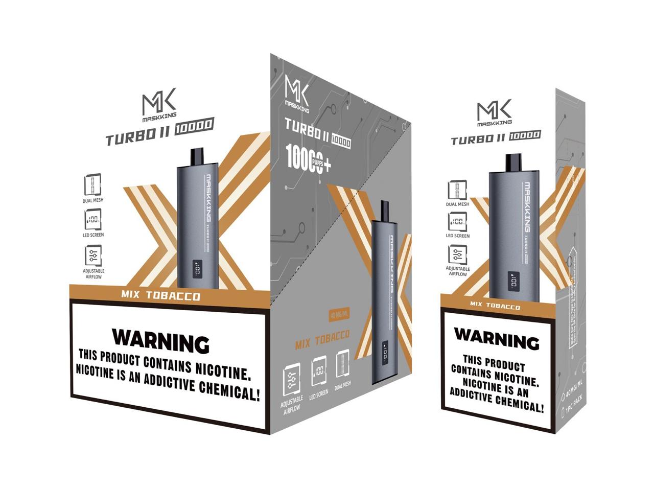 Maskking Turbo II Mix Tobacco tabaco mixto caja 10 vapes recargables 10,000 puffs pantalla airflow – envío express CDMX