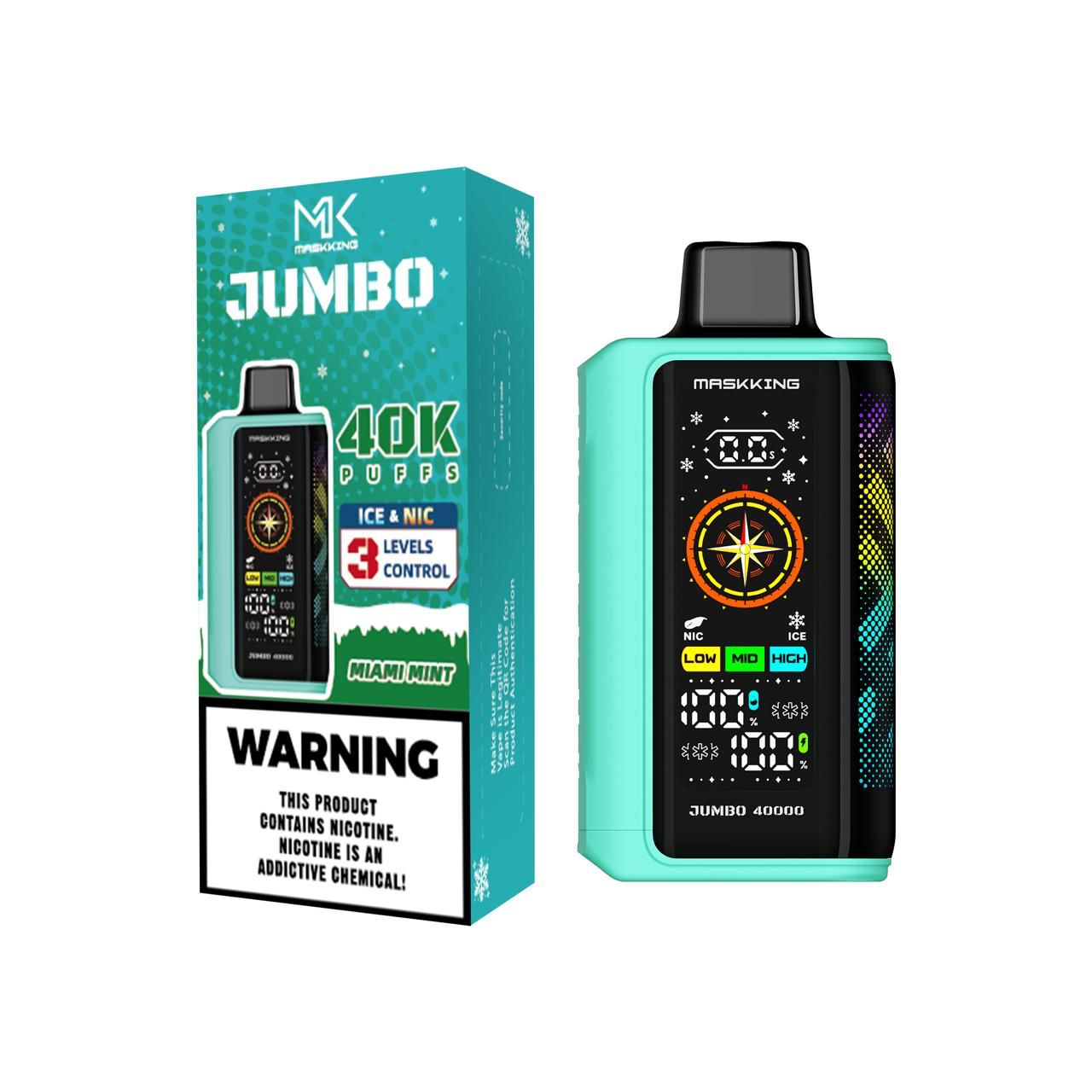 Maskking Jumbo Miami Mint menta vapeador desechable 40,000 puffs pantalla LED recargable USB-C – TiendasVM México