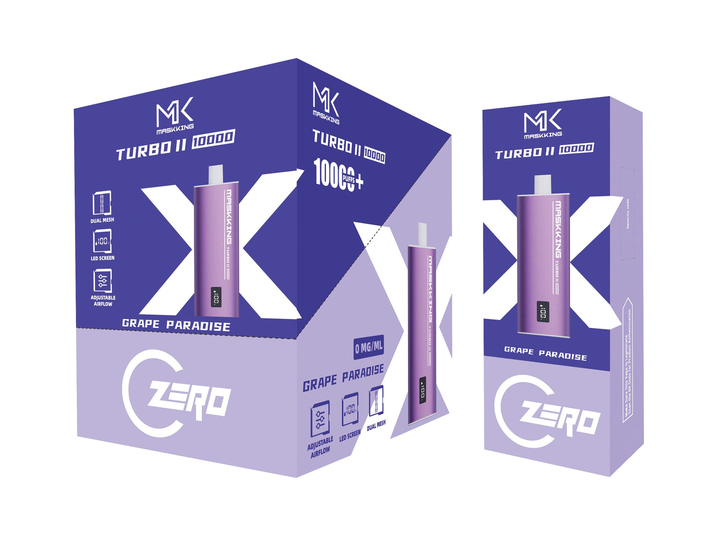 Maskking Turbo II Zero Grape Paradise uva paraíso caja 10 vapes recargables 10,000 puffs 0% nicotina – caja 10 unidades México