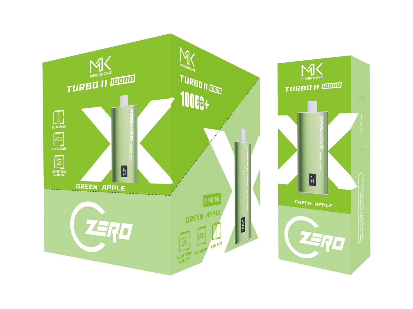 Maskking Turbo II Zero Green Apple manzana verde caja 10 vapes recargables 10,000 puffs 0% nicotina – compra en México entrega CDMX
