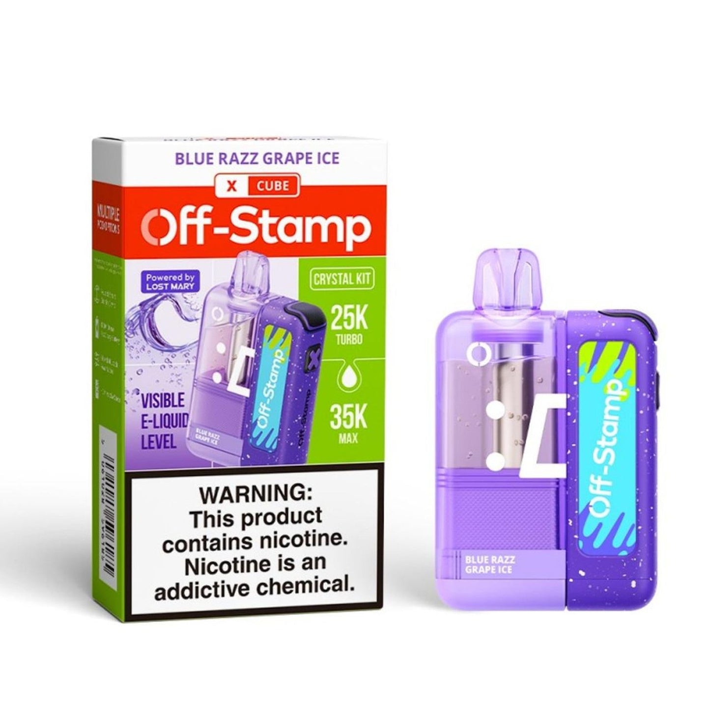 OS Off Stamp X-Cube Crystal Kit Blue Razz Grape Ice vape kit dispositivo modular 35K 35000 puffs con pantalla inteligente batería recargable y modos Max y Turbo sabor frambuesa azul uva hielo envío express a domicilio en CDMX y Área Metropolitana